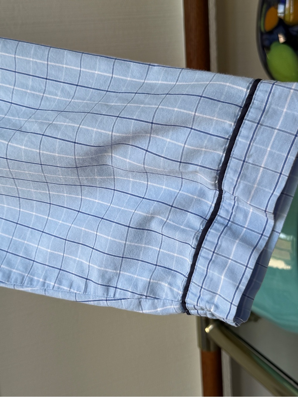 Light Blue Checked Women's Pajama Top with Black Piping - Picture 4 of 10